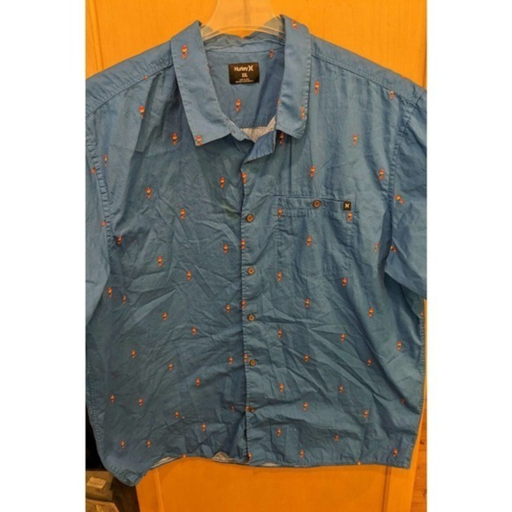 Hurley Shirt XXL Blue, Button Up Short Sleeve Mens Casual‎ Parrots